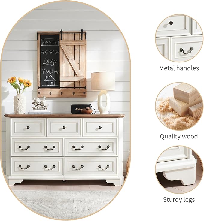 Farmhouse 7 Drawers Dresser for Bedroom, 54" Wide Modern Chest of Drawers with Metal Handle, Farmhouse Dresser TV Stand, Wood Drawer Organizer for Bedroom, Living Room, Hallway (White)