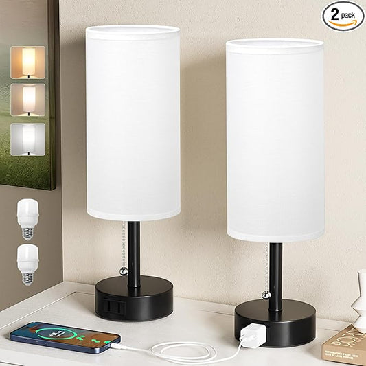 White Bedside Table Lamps Set of 2-3 Color Temperatures Pull Chain Lamp with AC Outlet Charging Port, Round Night Stand Lamps for Bedroom Office, Small Bed Side Light with E26 LED Bulbs