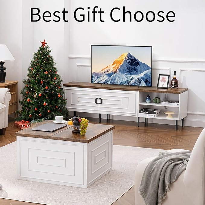 White TV Stand for Living Room, 70" Farmhouse TV Stand for 50/60/70/80 inch TV, Modern Entertainment Center with Adjustable Shelf and Cabinets, Long Media Console Table with Solid Feet