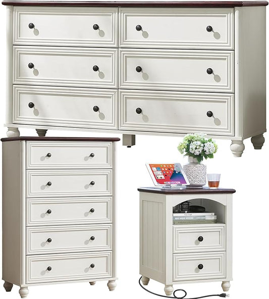 Farmhouse Dressers & Night Stand Set of 3, Wood 54" Wide Dresser & 45"Tall Chest of Drawers, 18" with Charging Station Nightstand, Bedroom Furniture 6 Drawer Dresser Set for Home Living Room Hallway