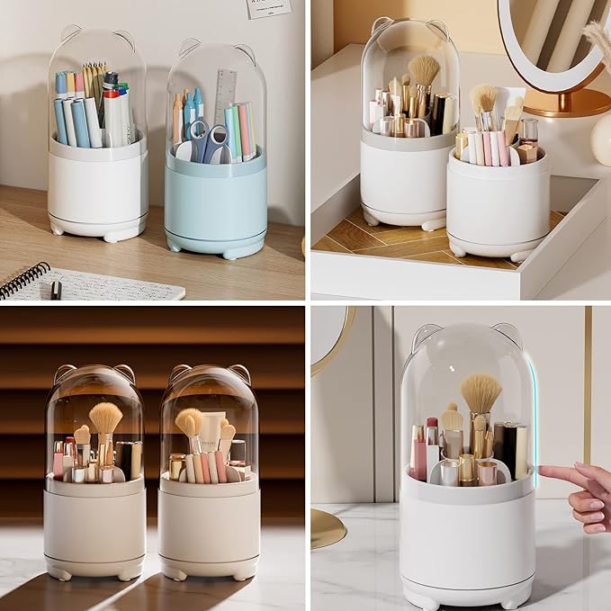 Cute Makeup Brush Holder Organizer with Lid, Rotating Dustproof Make Up Brushes Container with Clear Acrylic Cover for Vanity Desktop Bathroom Countertop