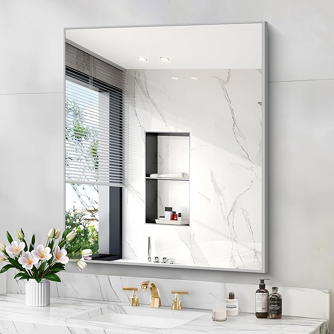 Silver Bathroom Mirror for Wall, 30x36 Inch Rectangle with Metal Frame, Modern Vanity for Bathroom Living Room, Entryway Hangs Horizontal or Vertical