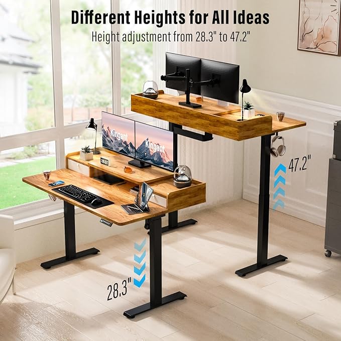 Kingant 55" x 30" Standing Desk with Drawers, Large Desktop, Ergonomic Sit Stand Desk for Home Office Work, Cable Management, 3 Preset Heights & 2 Hooks, Light Rustic