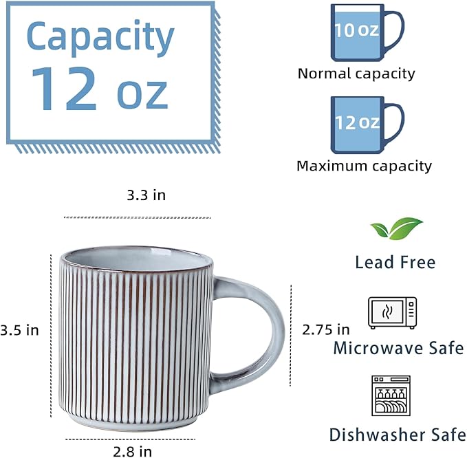 Coffee Mugs Set of 4, 12 OZ Ceramic Coffee Mugs with Handle, Vertical Stripes Coffee Cups Set for Latte/Tea/Cocoa/Milk, Microwave and Diahwasher Safe (Smoky Blue)
