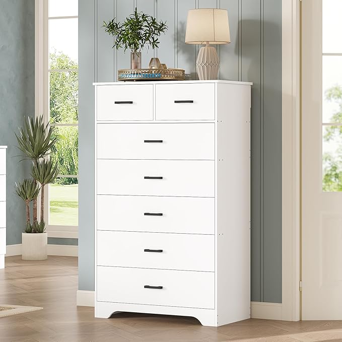 DICTAC White Dresser for Bedroom with 7 Drawers, 55.7" Tall Dressers Chest of Drawers, Modern Large Wood Storage Dresser Organizer with Metal Handle, Vertical Dressers for Bedroom Living Room Nursery