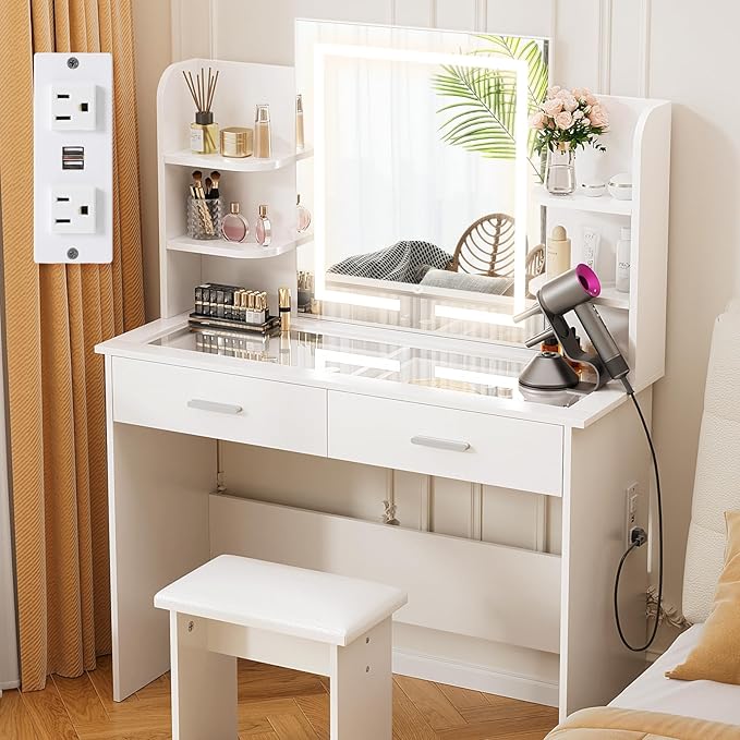 SMOOL Vanity with Lighted Mirror, Makeup Vanity Desk with Glass Top & Power Outlet, 3 Color Light Options, Vanity Table with 6 Storage Shelves, 2 Large Drawers and Cushioned Stool for Bedroom, White