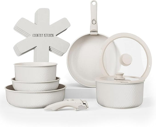 Country Kitchen Cookware Set with Removable Handle, Oven & RV Safe Pots and Pans Set, Cream Rhombus, Original