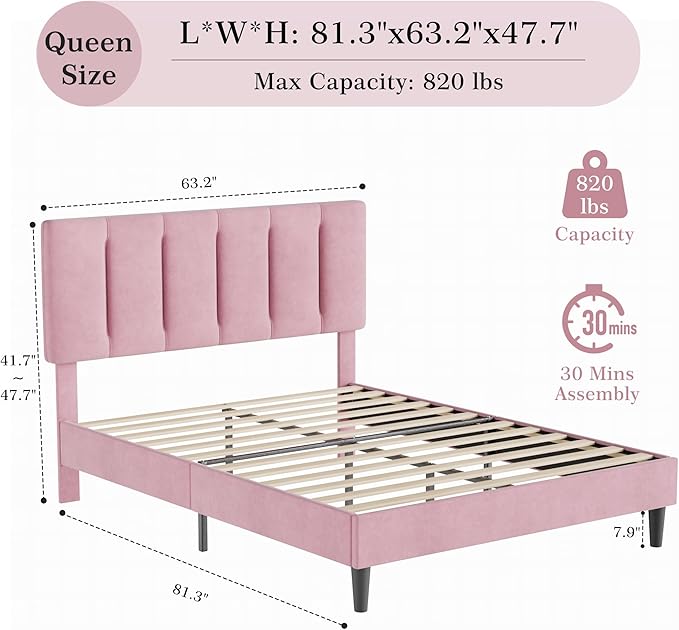VECELO Queen Bed Frame with Upholstered Headboard, Heavy-Duty Platform Bedframe with Strong Wooden Slats Support, No Boxing Spring Needed, Pink
