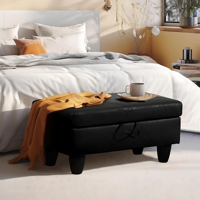 Ottoman Rectangular Storage Ottoman Bench, Faux Leather Footrest, Coffee Table, Stool Footstool with Hinged Lid for Living Room, Bedroom, Entryway, Black, 28.5"x19"x17.5"