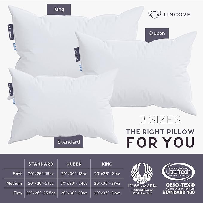 Lincove Cloud Natural Canadian Down Pillow, White Luxury Sleeping Pillow - 625 Fill Power, 100% Cotton Shell, 500 Thread Count, Made in Canada, Queen - Soft, 2 Pack