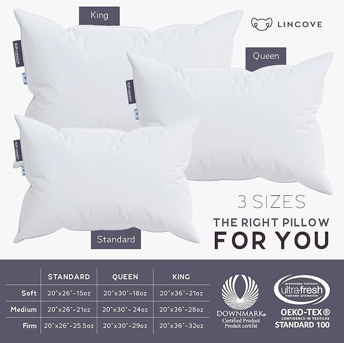 Lincove Cloud Natural Canadian Down Pillow, White Luxury Sleeping Pillow - 625 Fill Power, 500 Thread Count Cotton Shell, Made in Canada, Standard - Firm, 1 Pack