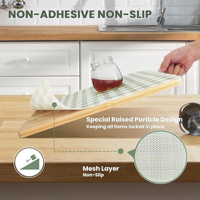 Drawer Liner and Shelf Liner for Kitchen Cabinet Liner Non-Adhesive Non-Slip Shelf Paper, Thick Strong Grip Waterproof Easy to Clean for Shelves, Cupboard, Desks, Green Plaid Pattern, 23.6 in x 40 FT