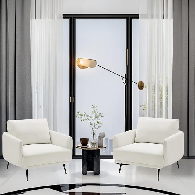 Oversized Accent Chair Set of 2 for Living Room Chairs Reading Arm Chair Comfy Modern Single Sofa Side Chairs with Metal Legs & Soft Cushion for Bedroom, Balcony,Waiting Room (Polyester, Pearl White)