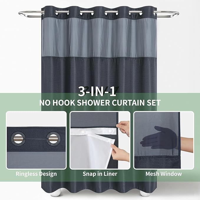 Extra Long No Hook Shower Curtain with Snap-in Fabric Liner Set,Navy Waffle Weave Shower Curtains for Bathroom,Hotel Luxury Decor Bathroom Curtain Set,Waterproof & Washable,71Wx86H