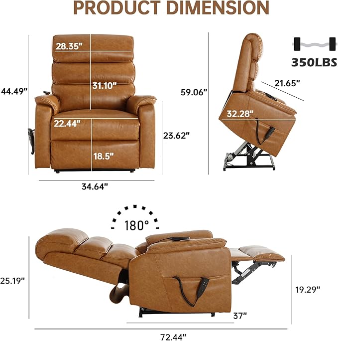 Lay Flat Lift Chair with Heat and Massage, Dual Motor Recliner with Infinite Position, Up to 350 LBS Electric Power Lift, Yellow Brown Leather Recliner