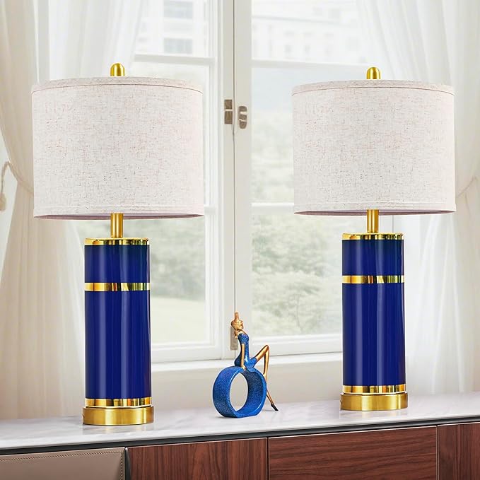 Royal Blue & Gold Ceramic Table Lamps (Set of 2) - 28" Luxe Bedside Lights with USB Charging & Rotary Switch, Bulbs Included