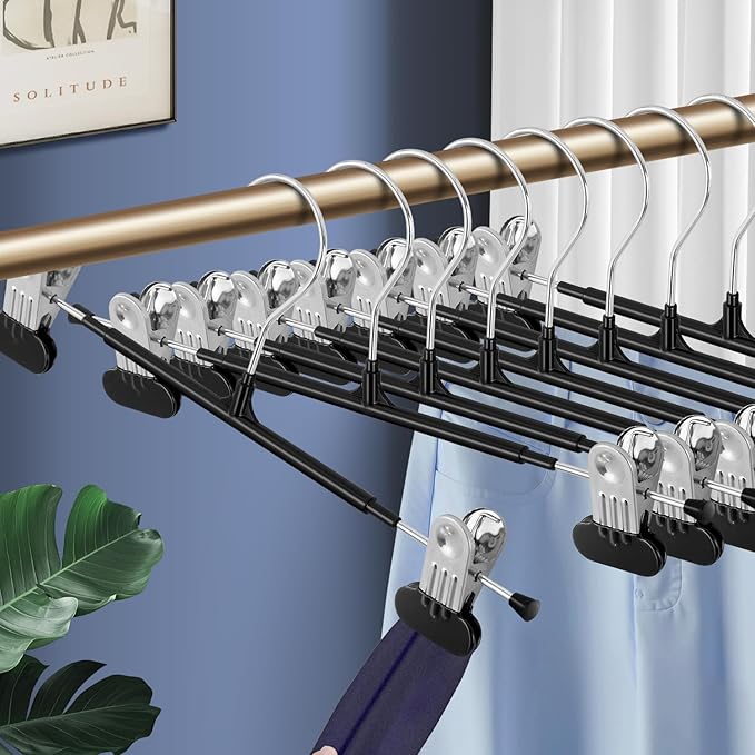 Clothes Pants Hangers with Wide Clips 20 Pack,Non-Slip Adjustable Skirt Hanger for Women,Space-Saving Heavy Duty Men Hangers for Pants,Trousers,Jeans,Shorts 12Inch Black