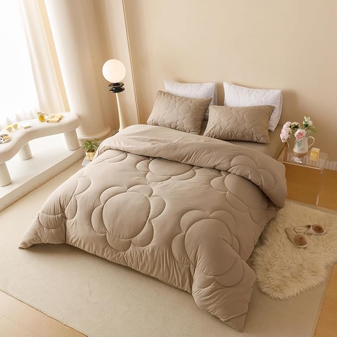 Luxlovery Cream Coffee Comforter Set Full Khaki Sunflower Bedding Comforter Mocha Coffee Bedding Comforter Set Floral Boho Farmhouse Quilted Soft Breathable Bedding Set Full Size