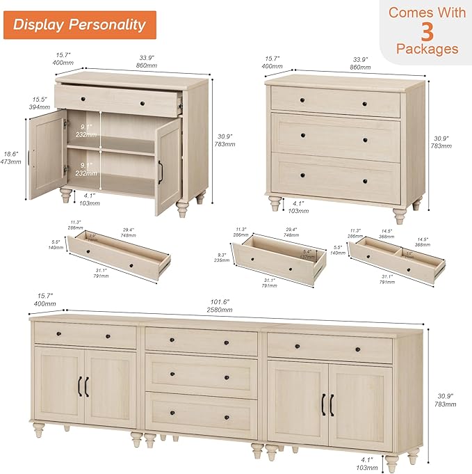 WAMPAT Farmhouse TV Stand for 100 Inch TV, TV Console Table with 5 Drawers, Entertainment Center for 75/80/85/90 Inch TV, Kitchen Sideboard Buffet Cabinet for Dining Room & Living Room, Light Beige