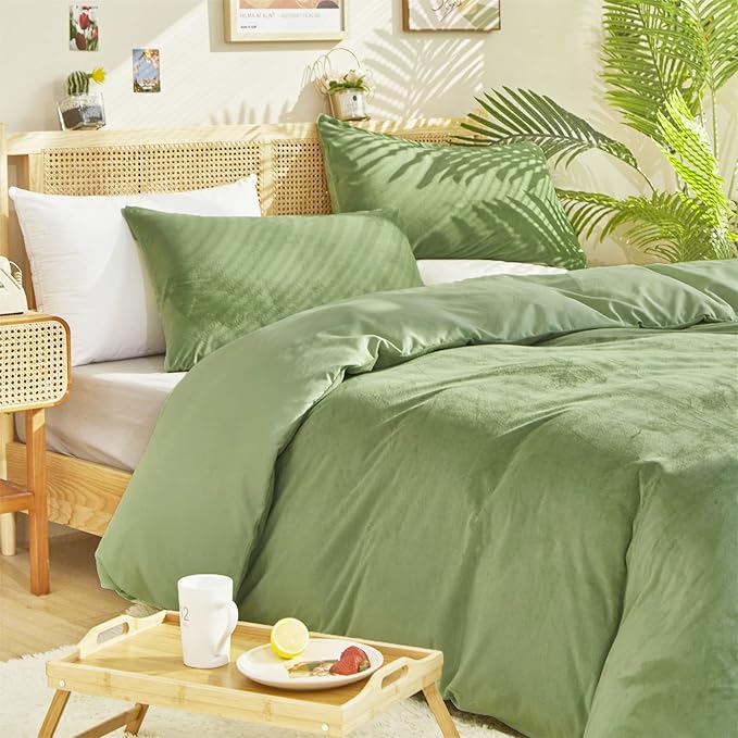 Sage Velvet Comforter Set Full Light Green Fluffy Flannel Bedding Set Winter Plush Blanket Quilts Soft Thick Warm Grass Green Comforter Set for Women Men Full Bed