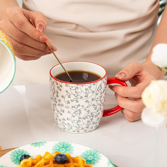 Ceramic Coffee Mugs Set - 10 Oz Large Porcelain Tea Cups with Handle for Milk Cappuccino Latte Tea Cocoa - Microwave Dishwasher Safe - Christmas Housewarming Gift -Set of 6 - Assorted Colors