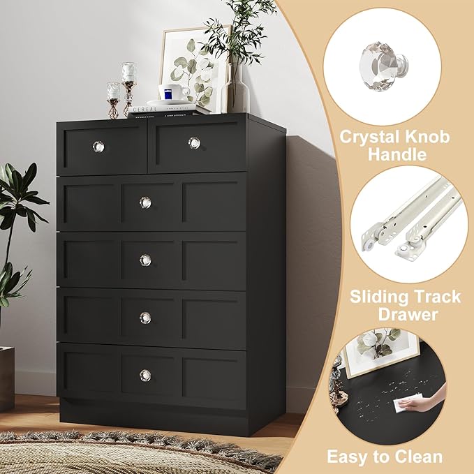 Wood Dresser for Bedroom 6 Drawer: 24" Black Chest of Drawers Wood, Modern Fluted Cabinet with Sturdy Storage, Wide Aesthetic Furniture for Room Organization