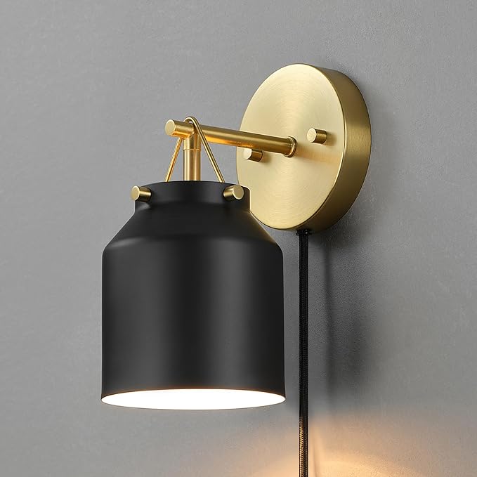 GLOBE Electric 65000102 1-Light Plug-in or Hardwire Wall Sconce, Matte Black, Matte Brass Accents, 6ft Black Braided Fabric Cord, in-Line Rocker Switch, Wall Lights for Living Room