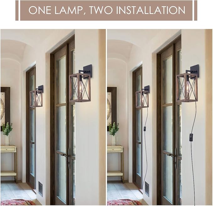 VILUXY Wood Wall Sconces Retro Industrial Rectangle Bedside Wall Sconce Plug-in Cord with Switch Lighting Fixture Black Wall Lamp for Bedroom, Hallway, Entryway, Passway, Dining Room 2 Pack