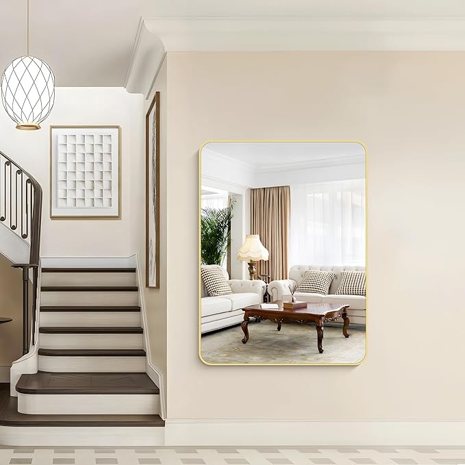 36"x48" Bathroom Mirror, Gold Rectangle Mirror, Large Rectangular Wall Mirror, Rounded Corner Vanity Mirror with Aluminum Metal Frame for Bathroom Bedroom Living Room Horizontal/Vertical