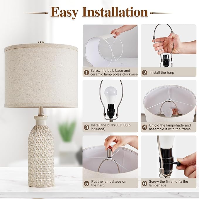 Luvkczc Ceramic Table Lamps Set of 2, Farmhouse 24.8" Bedside Lamps with 3-Color Temperature, Modern Nightstand Lamp Desk Reading Lamp for Bedroom, Living Room, Office, 2 Bulbs Included