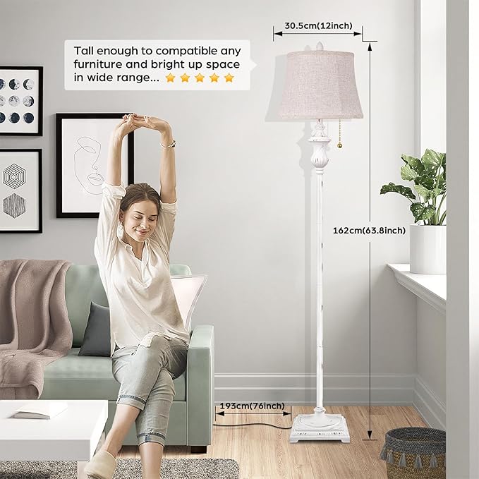 TOBUSA Rustic Vintage White Floor Lamp for Living Room Bedroom, 64inch Traditional Tall Floor Lamp with White Linen Shade, Retro LED Standing Pole Lamp Upright Floor Light for Home Decor, Pull Chain