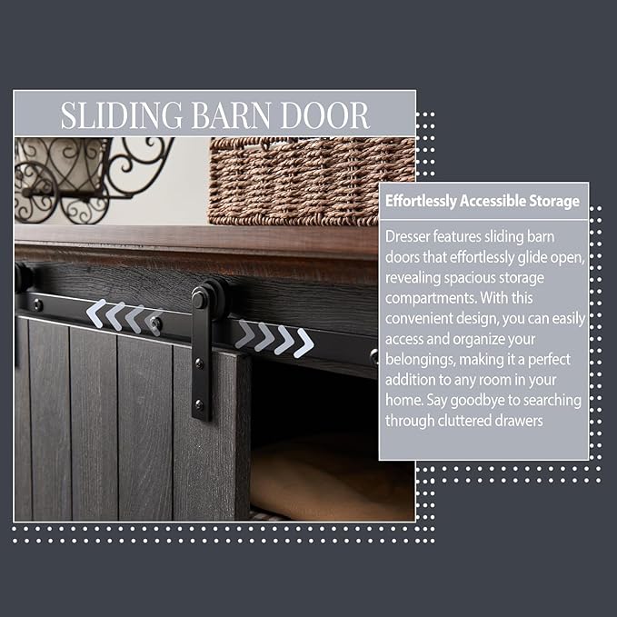Farmhouse 5 Drawers Dresser for Bedroom, 47" Tall Chest of Drawers w/Sliding Barn Door, Rustic Wood Dressers Organizer w/Adjustable Shelves for Bedroom, Hallway, Living Room, Kitchen, Dark Grey