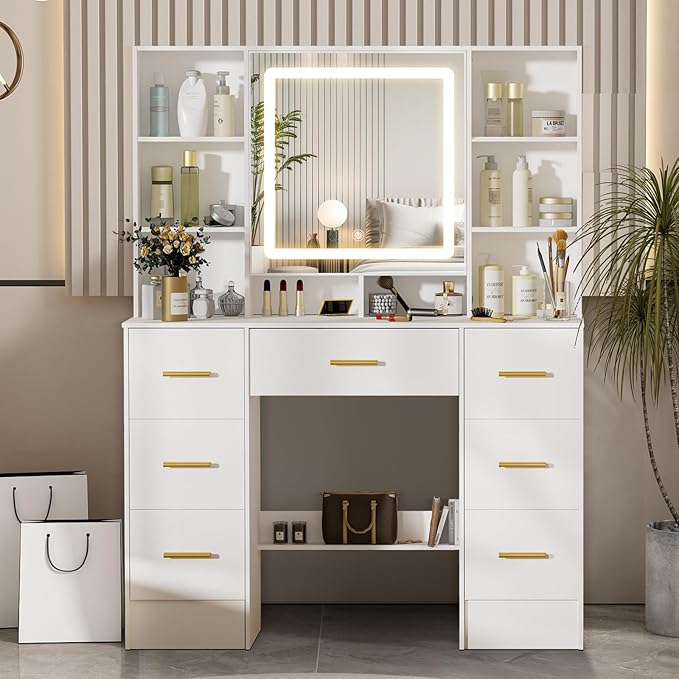 Vanity Desk with Mirror and 3 Color LED Light, Large Tabletop 7 Drawers, 8 Open Storage Shelves, 2 Hiding Shelves Makeup Table, Vanity Dressing Table for Girls and Women,100 * 40 * 140cm