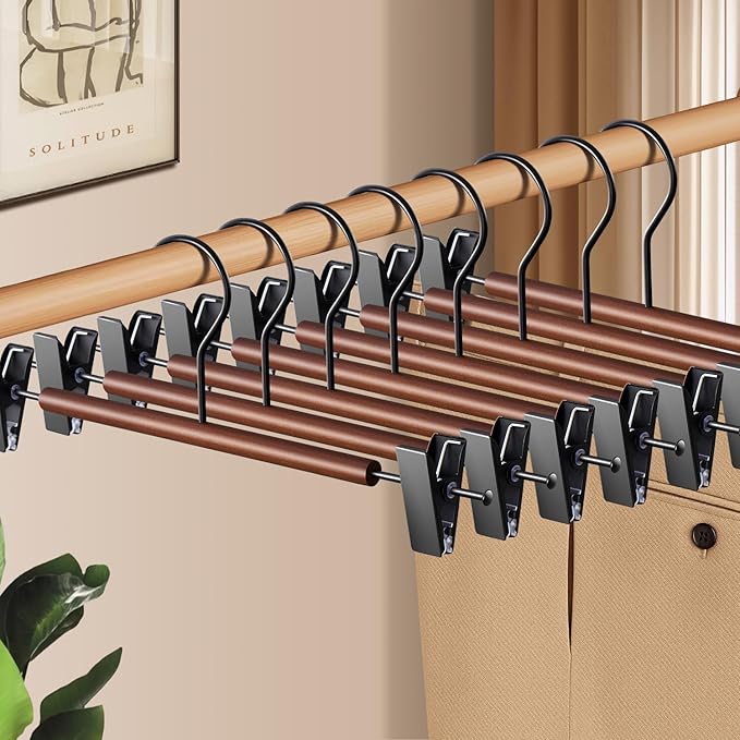 Wooden Pants Hangers with Clips 20 Pack Adjustable Wood Skirt Hangers for Women&Men Space Saving Closet Non Slip Clothes Hanger for Jeans,Trousers,Short,12Inch Brown
