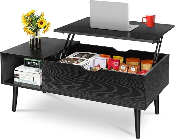 OLIXIS Wood Lift Top Coffee Table with Hidden Compartment and Large Storage Shelf, Lift Tabletop Dining Center Table for Home Living Room Office, Black
