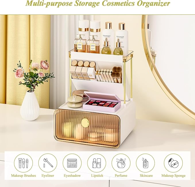FOLLOWIN 3 Tiers Makeup Organizer with Drawer,Cosmetic Display with Lipsticks Brush Holder,Cosmetics and Beauty Supplies Organizers for Vanity,Dresser,Bathroom Desktop Countertop Organizer,Amber