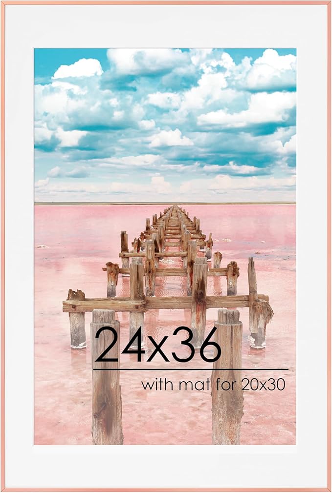24x36 Metal Picture Frame For Wall With Mat For 20x30, 24''x36'' Aluminum Photo Frames With Tempered Glass For Home Decor, Minimalist Modern Poster Frame Horizontal And Vertical Formats, Rose Gold