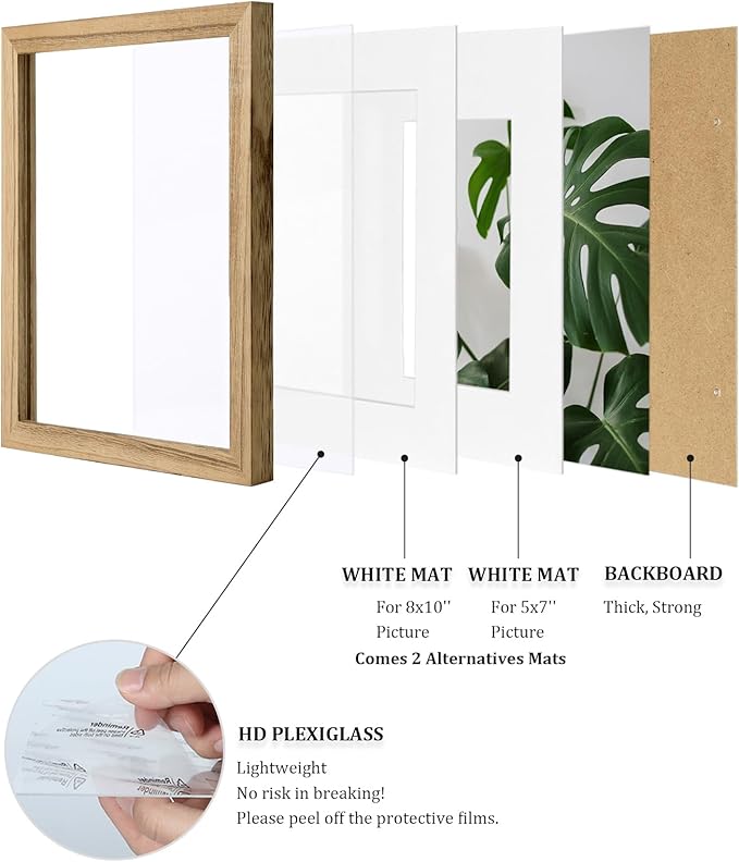 Egofine 11x14 Picture Frame with Plexiglass Made of Solid Wood, Display Pictures 5x7/8x10 with Mat or 11x14 Without Mat for Tabletop and Wall Mounting, Carbonized Brown