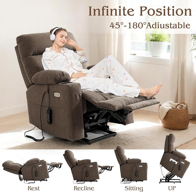 Power Lift Recliner Chair for Elderly with Extended Footrest, Infinite Position Lay Flat Recliner Chair for Adult W/Massage & Heating, Adjustable Headrest, 3-Motor Zero Gravity,Cup Holder, Fabric