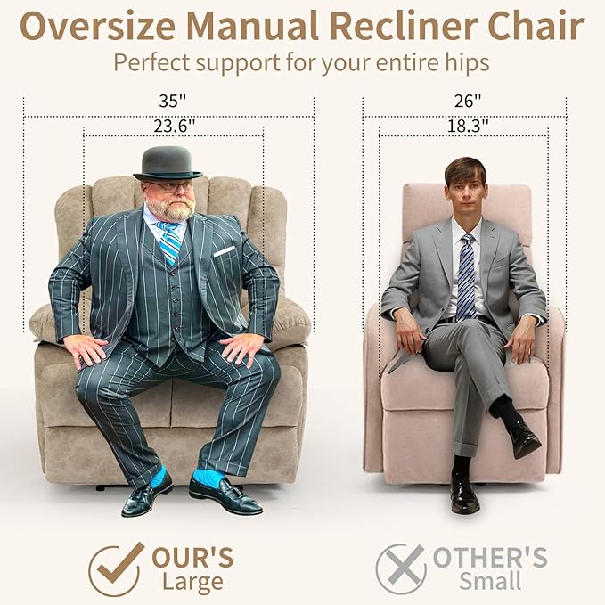 Large Recliner, 23" Wide Seat, A Recliner with Three Position, Recliner Chair Oversized with Two Side Pockets, Light Beige