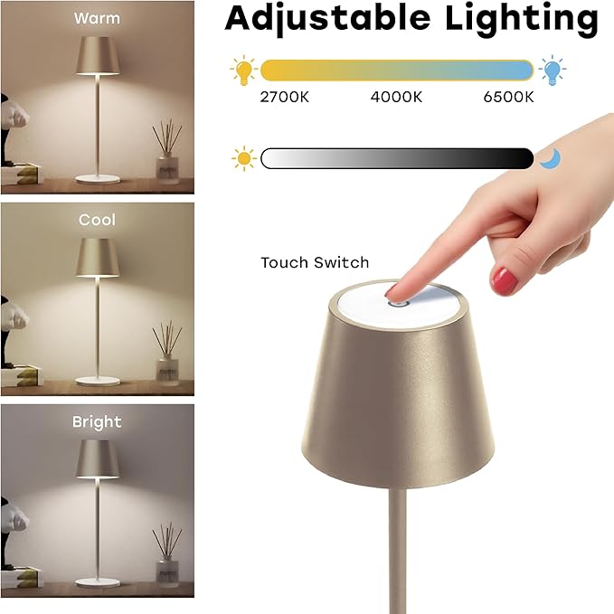 2 Pack Cordless Table Lamp,Portable LED Desk Lamp, 5200mAh Battery Operated, 3 Color Stepless Dimming Up, for Restaurant, Bedroom, Bars, Outdoor Party, Camping, Coffee Shop Night Light Brass