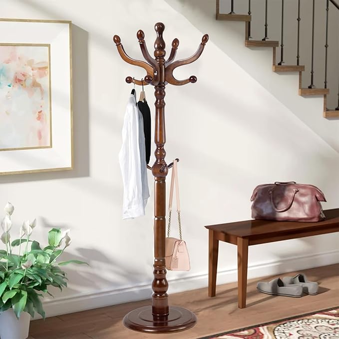 Wooden Coat Rack, Heavy Duty Coat Rack Freestanding with 11 Smooth Hooks, Coat Tree, Vintage Clothes Hanger Stand with Stable Disc Base for Bedroom, Entryway, Office-Load 180lbs (Walnut Brown)