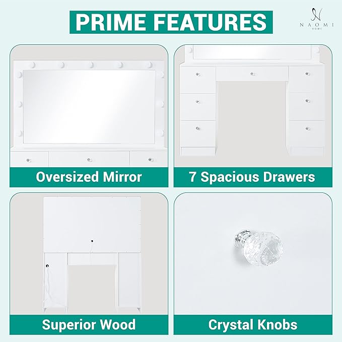 Naomi Home 46" Vera Vanity Set – Makeup Desk with Mirror, 11 LED Lights, Adjustable Brightness & 3 Lighting Modes – Includes Chair and 7 Storage Drawers