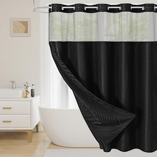 No Hook Extra Long Shower Curtain Set with Snap-in Liner, 86 inch XL Boho Black Fabric Shower Curtains for Modern Bathroom Decor, Hotel Style Shower Curtain with See Through Top Window