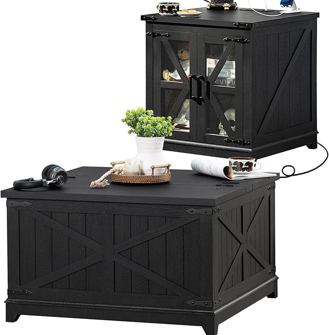 Farmhouse Coffee Table Sets 2 Pieces, Large End Side Tables with Charging Station and Coffee Table with Hidden Storage Compartment, Black Living Room Table Set, Wood Furniture Sets for Home Office