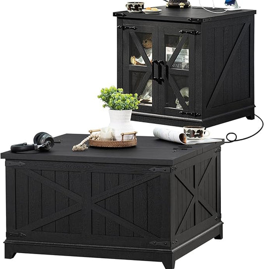 Farmhouse Coffee Table Sets 2 Pieces, Large End Side Tables with Charging Station and Coffee Table with Hidden Storage Compartment, Black Living Room Table Set, Wood Furniture Sets for Home Office