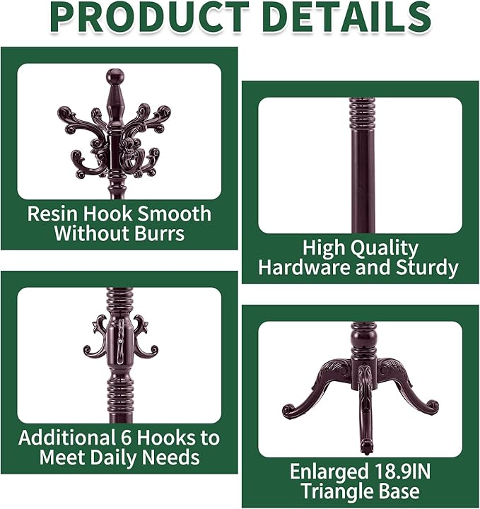 Wooden Coat Rack Stand, Vintage Solid Wood Coat Rack Freestanding with Triangle Base, Heavy Duty Coat Racks with 14 Hooks, Wood Coat Tree Hanger Stand for Entryway,Office