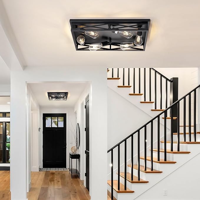 Flush Mount Ceiling Light Fixture,6-Light Black Farmhouse Flush Mount Light Fixture Kitchen Lights, 23" Metal Cage Closed to Ceiling Mounted Lights for Kitchen Hallway Entryway E26 Base