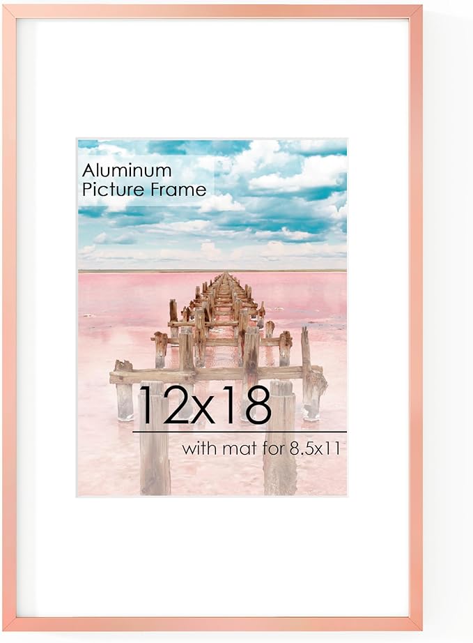 12x18 Metal Picture Frame for Wall With Mat for 8.5x11, 12''x18'' Aluminum Photo Frames With Tempered Glass for Home Decor, Minimalist Modern Poster Frame Horizontal And Vertical Formats, Rose Gold