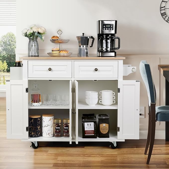 VOWNER 43" W Kitchen Island with Drop Leaf, Rolling Kitchen Island with Drawers, Floating Kitchen Cart with Spice Rack & Towel Rack, Portable Island Kitchen with Storage, Isla para Cocina (White)